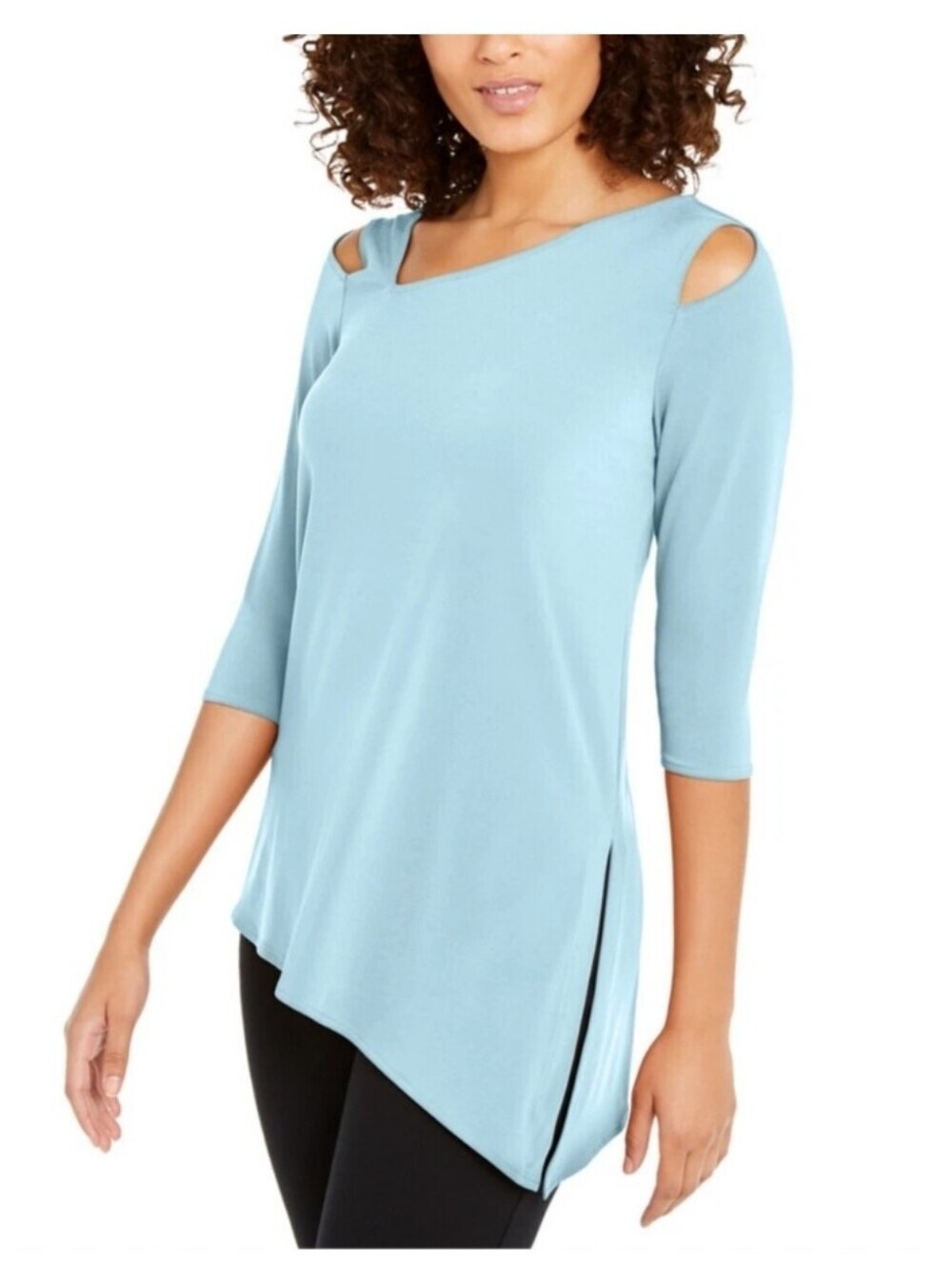 Alfani Women Blue Stretch Asymmetric Hem 3/4 Sleeve Tunic Top Cold Shoulder Sz L